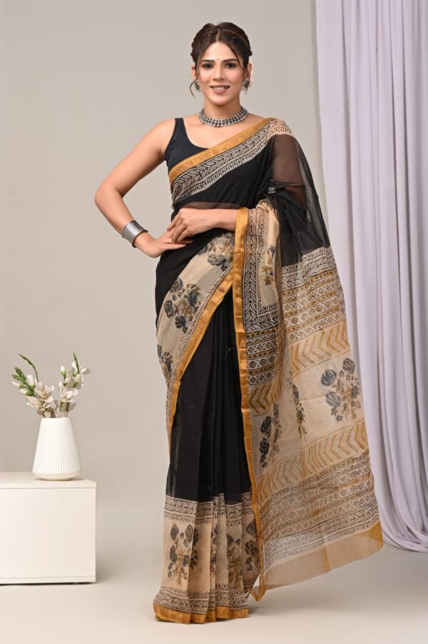 IMG-20250917-WA0023 Black Dark Biege Pattern Doriya Saree with Hand Block Bagru Print