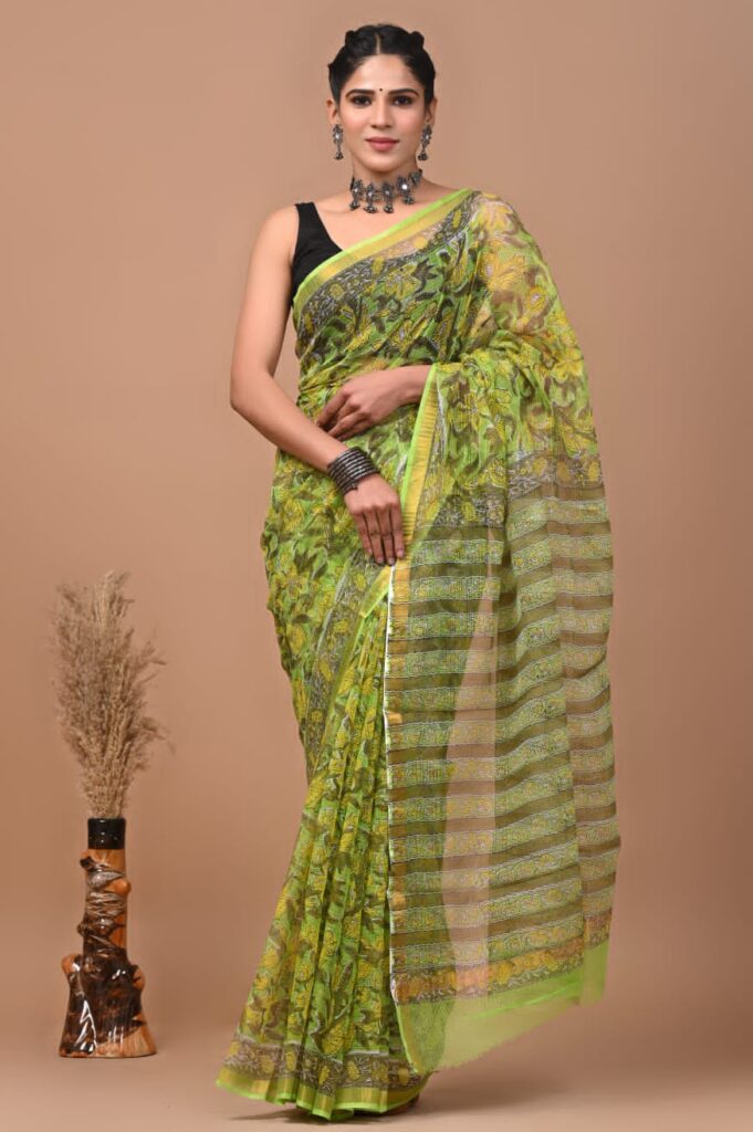 Light Green Pattern Doriya Saree with Hand Block Bagru Print