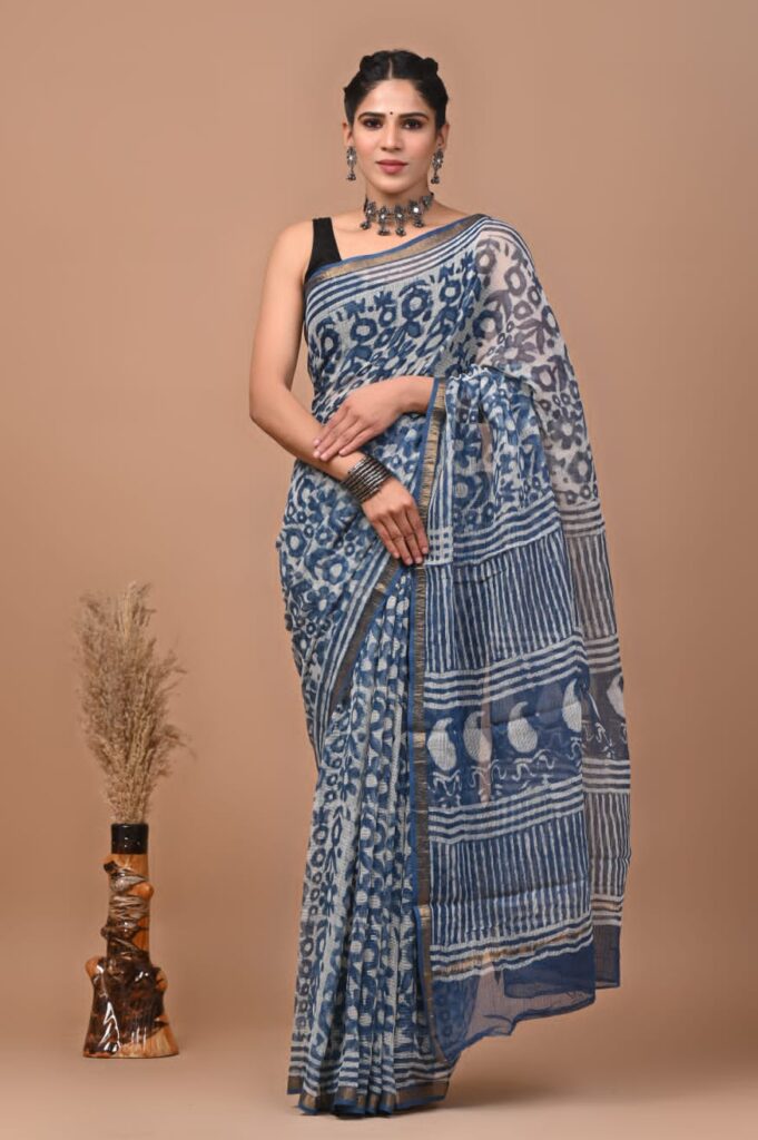 Light Blue Pattern Doriya Saree with Hand Block Bagru Print