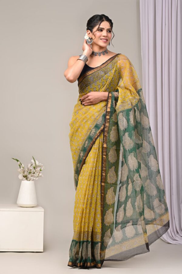 Yellow Green Pattern Doriya Saree with Hand Block Bagru Print