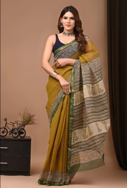 Dark Yellow Pattern Doriya Saree with Hand Block Bagru Print