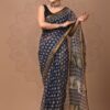Blue Pattern Doriya Saree with Hand Block Bagru Print