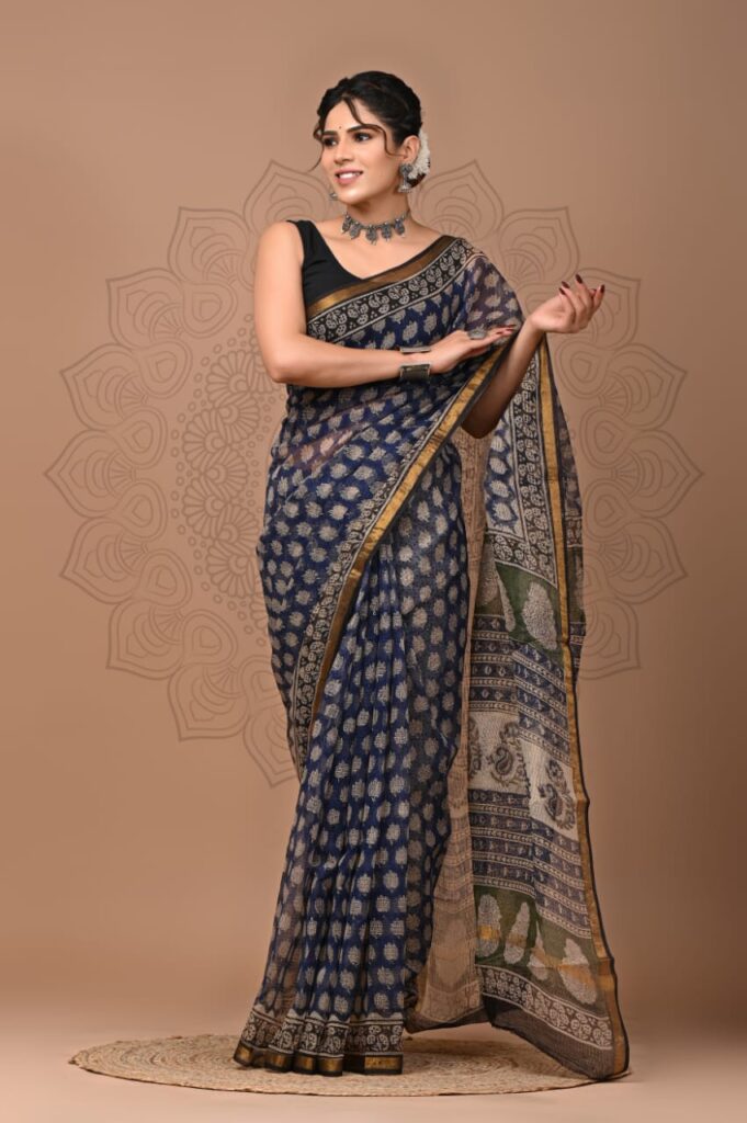 Blue Pattern Doriya Saree with Hand Block Bagru Print