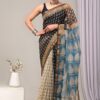Black Light Blue Pattern Doriya Saree with Hand Block Bagru Print