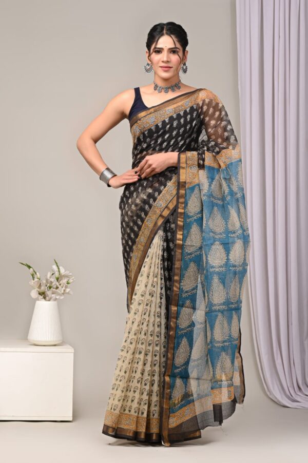 Black Light Blue Pattern Doriya Saree with Hand Block Bagru Print