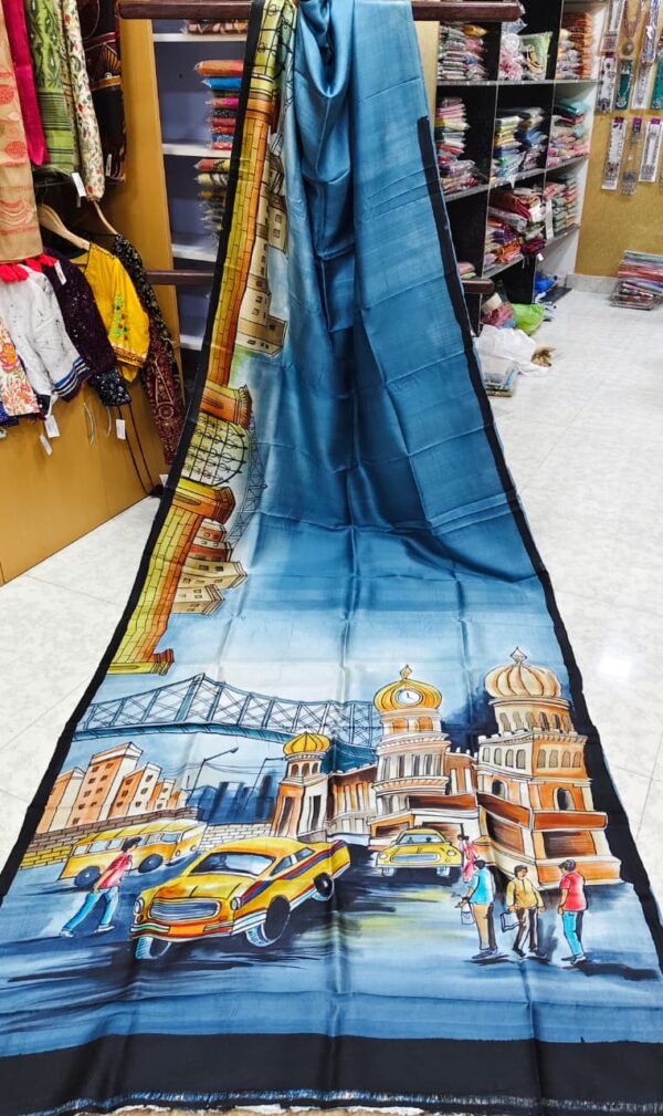 Special Hand-Painted Blue Murshidabad Silk Saree