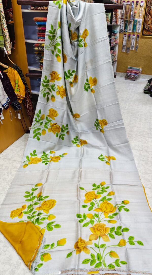 Special Hand-Painted Light Yellow Murshidabad Silk Saree