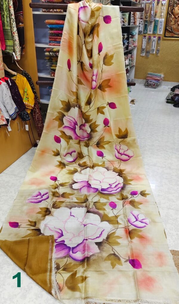 Special Hand-Painted Light Biege Murshidabad Silk Saree