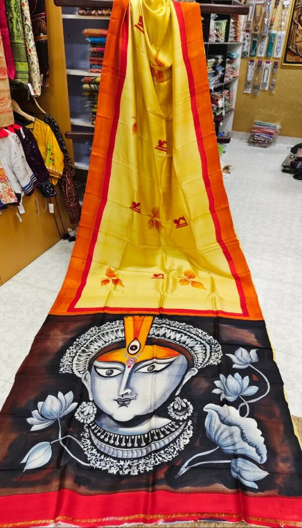 Special Hand-Painted Yellow Murshidabad Silk Saree