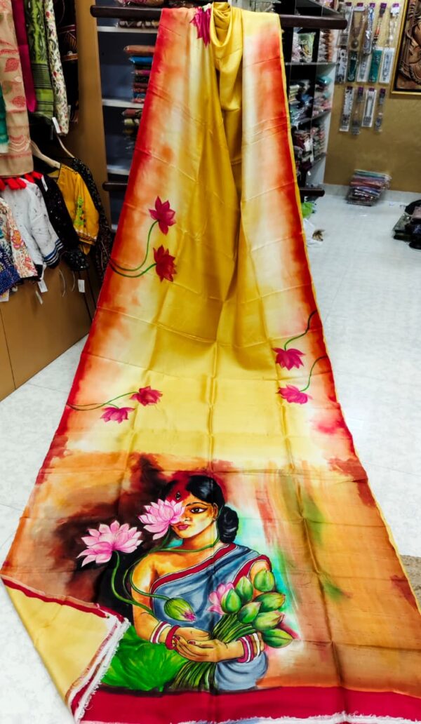 Special Hand-Painted Yellow Murshidabad Silk Saree
