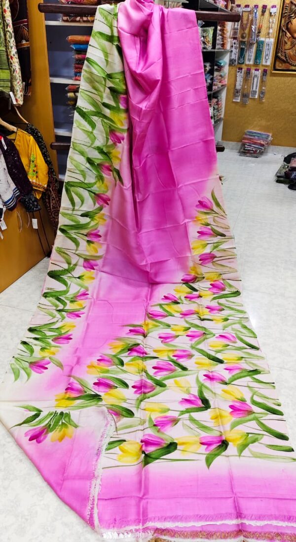 Special Hand-Painted Yellow Pink Murshidabad Silk Saree