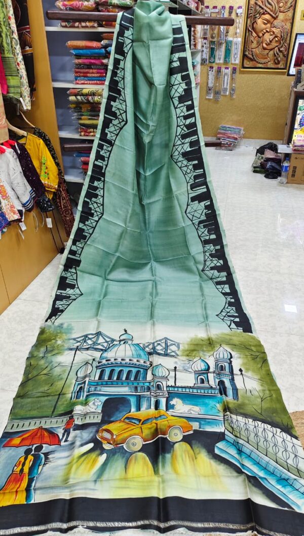 Special Hand-Painted Light Green Murshidabad Silk Saree