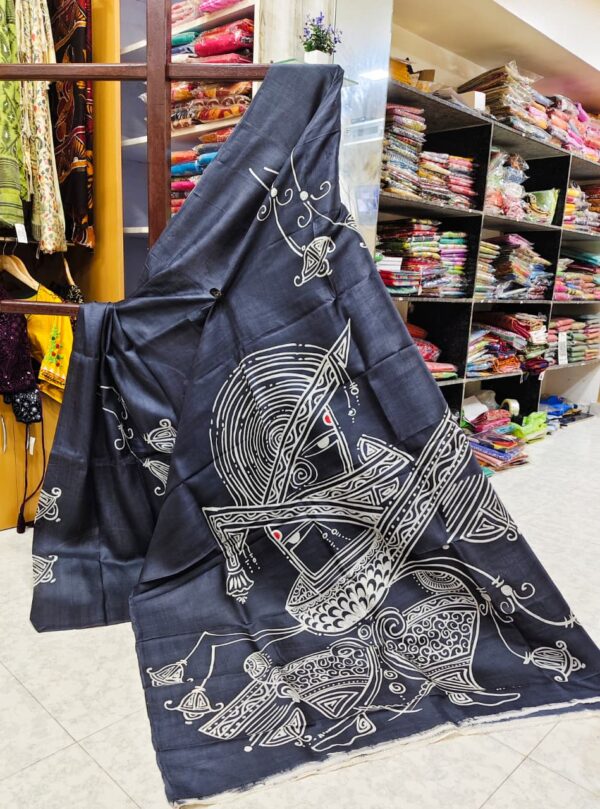 Special Hand-Painted Black Murshidabad Silk Saree