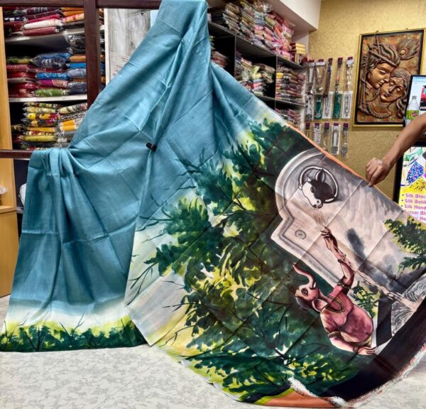 IMG-20250917-WA0075 Special Hand-Painted Ocean Blue Murshidabad Silk Saree