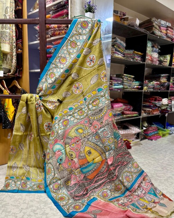 Hand-Painted Kalamkari on Pure Light Green Bishnupuri Tussar Silk Saree