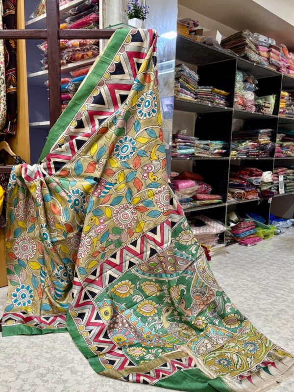 IMG-20250917-WA0080 Hand-Painted Kalamkari on Pure Green- Red Bishnupuri Tussar Silk Saree - Copy