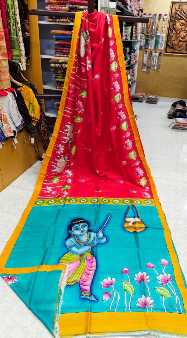 Special Hand-Painted Ocean Red Murshidabad Silk Saree