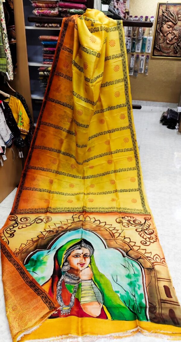 Special Hand-Painted Strip Yellow Murshidabad Silk Saree