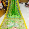 Special Hand-Painted Strip Grass-Green Murshidabad Silk Saree