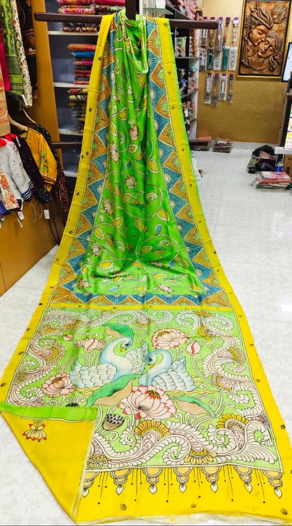 Special Hand-Painted Strip Grass-Green Murshidabad Silk Saree