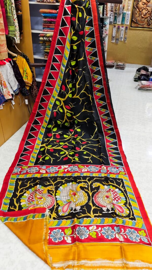 Special Hand-Painted Strip Black-Red Murshidabad Silk Saree