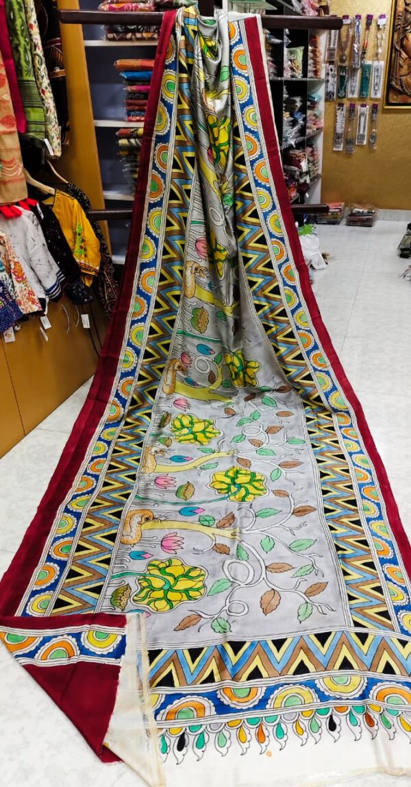 Special Hand-Painted Strip Green-Biege Murshidabad Silk Saree