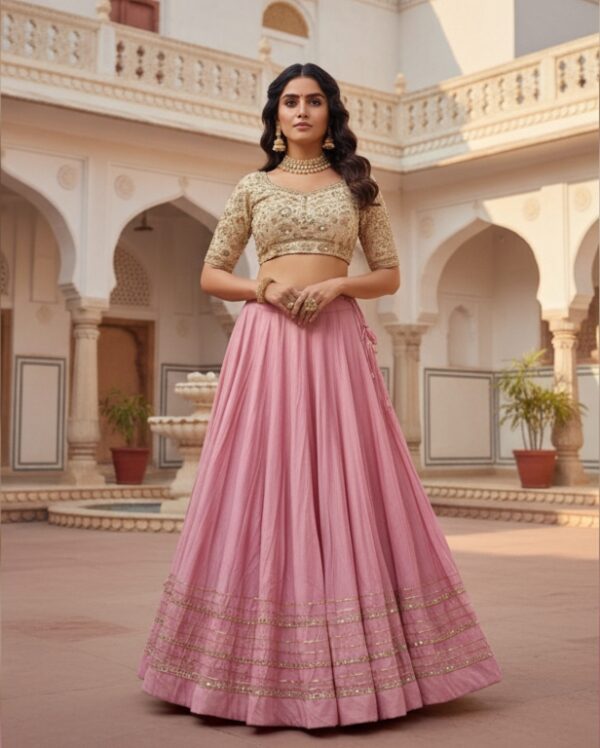 Oplus_16908288 Chandrakala Pink Roman Silk Cotton Skirt with Gota Patti Lace