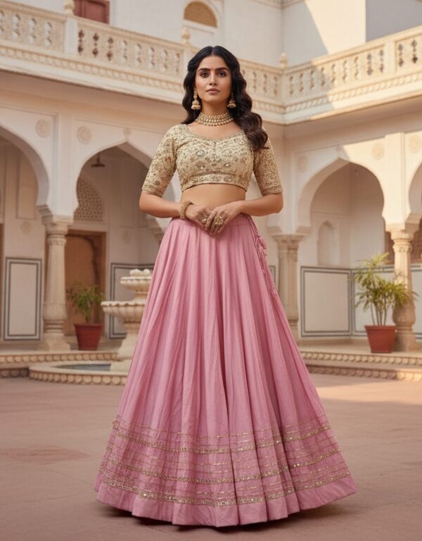 Oplus_16908288 Chandrakala Pink Roman Silk Cotton Skirt with Gota Patti Lace