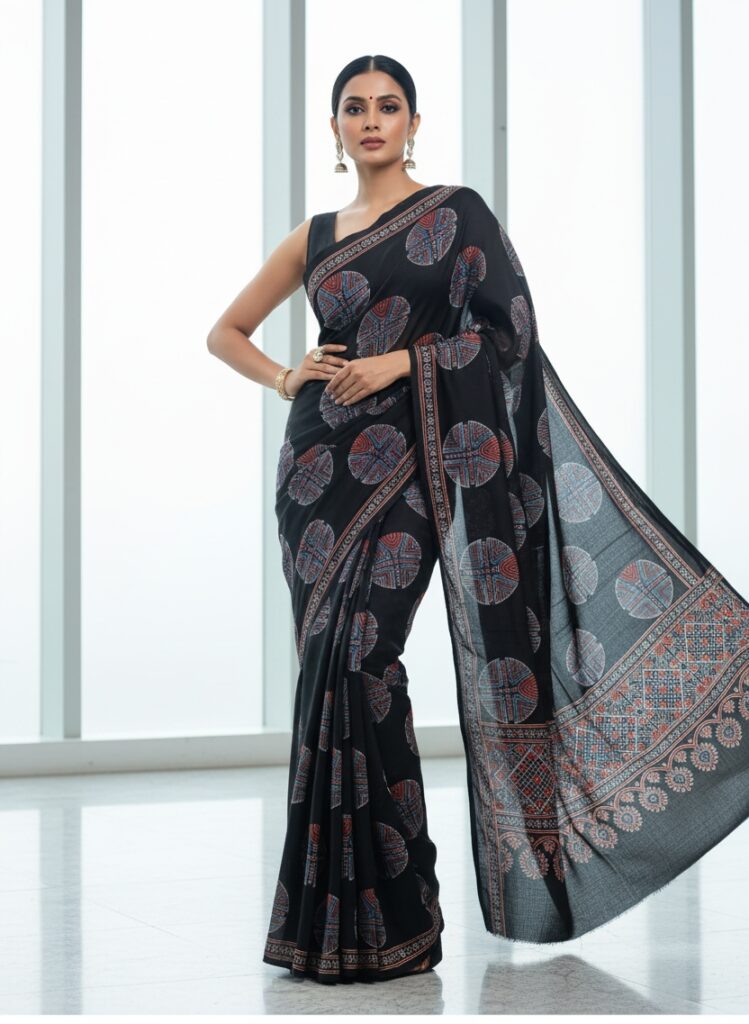 Black Pure Modal Silk Ajrakh Saree – Handcrafted with Natural Dyes