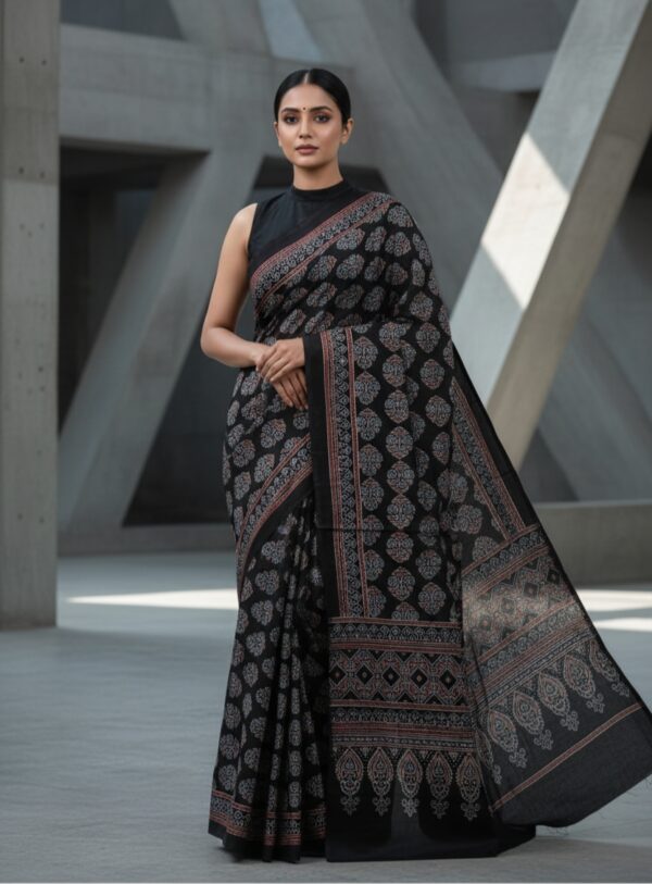 Black-Red Pure Modal Silk Ajrakh Saree – Handcrafted with Natural Dyes
