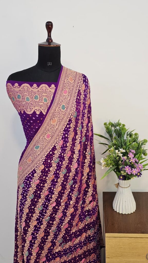 Pure Purple Georgette Bandhani Banarasi Saree with Neem Zari