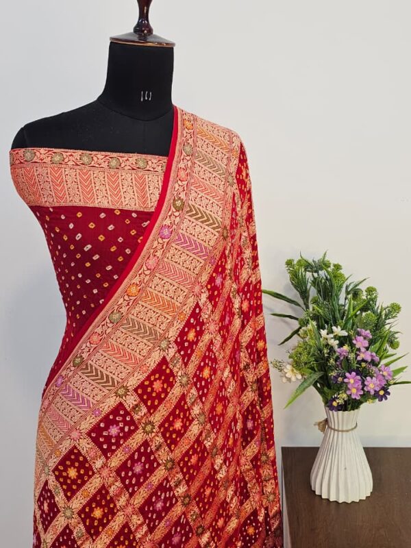 WhatsApp Image 2025-09-14 at 20.02.19 (2) Pure Red Georgette Bandhani Banarasi Saree with Neem Zari
