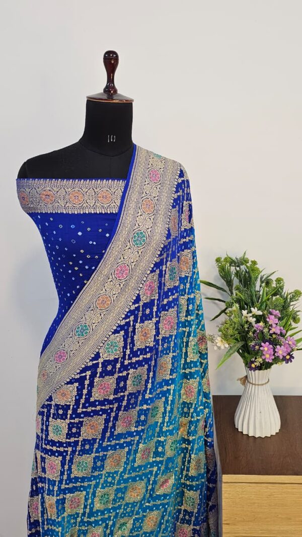 Pure Ocean Blue Georgette Bandhani Banarasi Saree with Neem Zari