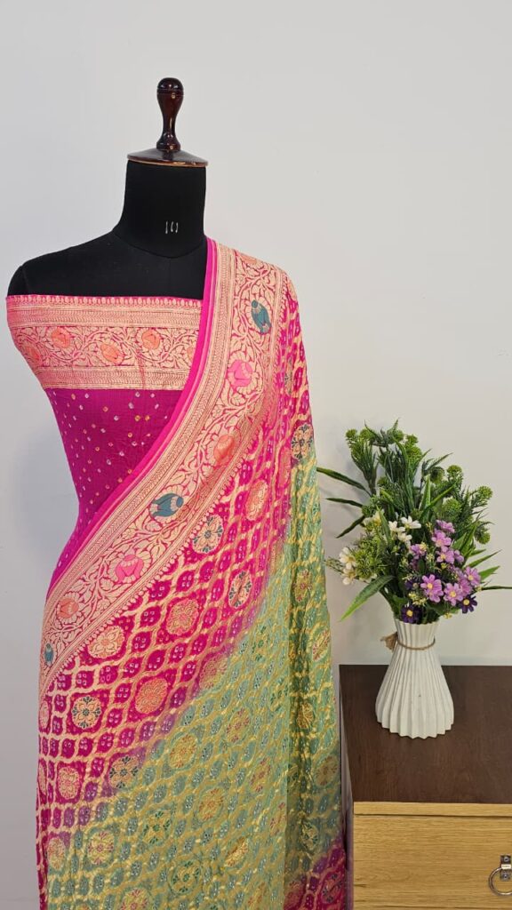 Pure Pink Georgette Bandhani Banarasi Saree with Neem Zari