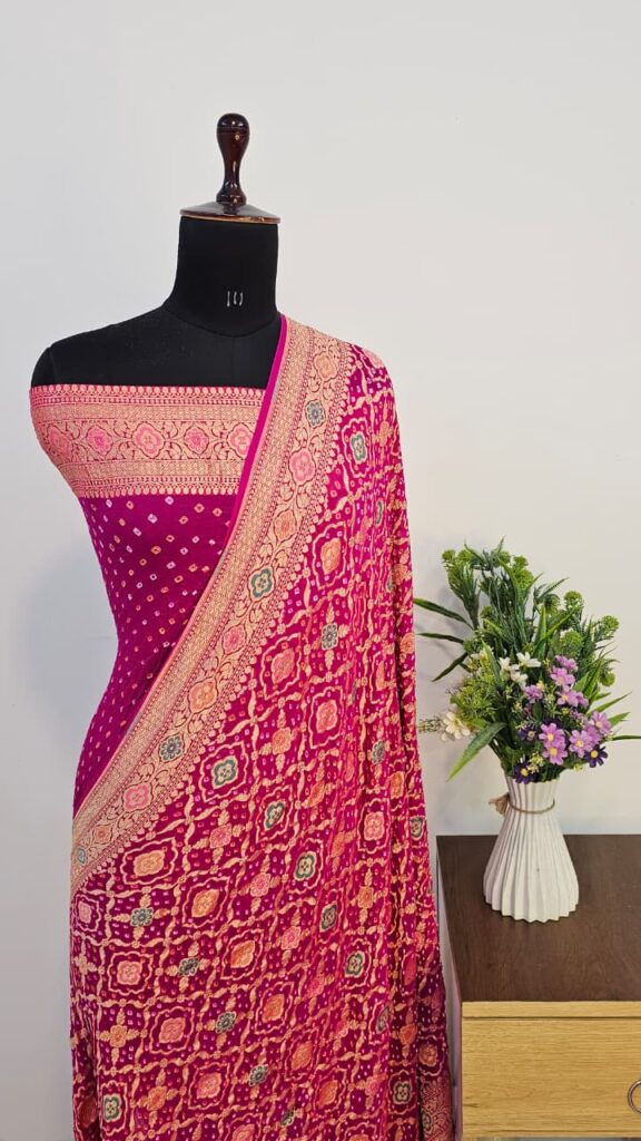 Pure Dark Pink Georgette Bandhani Banarasi Saree with Neem Zari