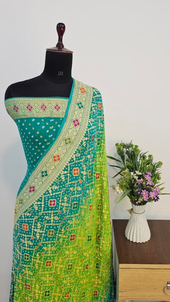 Pure Green Georgette Bandhani Banarasi Saree with Neem Zari