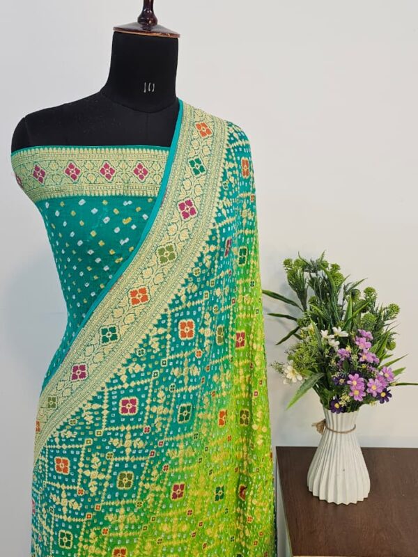 Pure Green Georgette Bandhani Banarasi Saree with Neem Zari