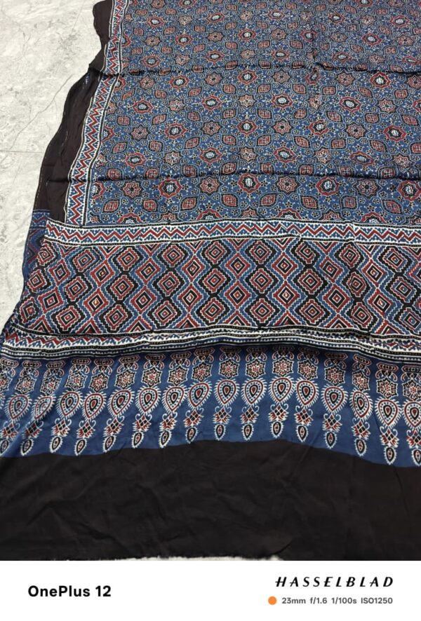 WhatsApp Image 2025-09-15 at 21.12.54 (2) Blue Black Border Pure Modal Silk Ajrakh Saree – Handcrafted with Natural Dyes