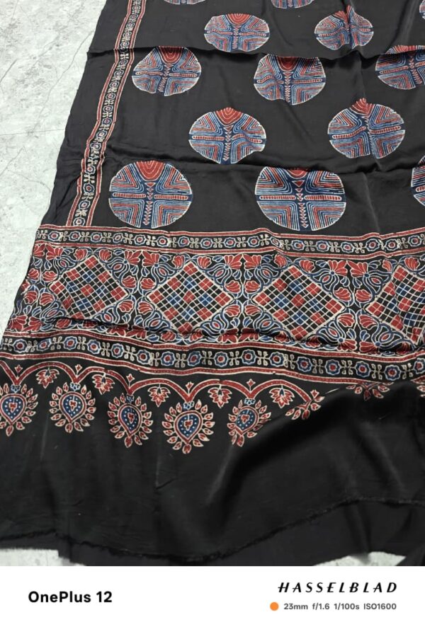 Black Pure Modal Silk Ajrakh Saree – Handcrafted with Natural Dyes