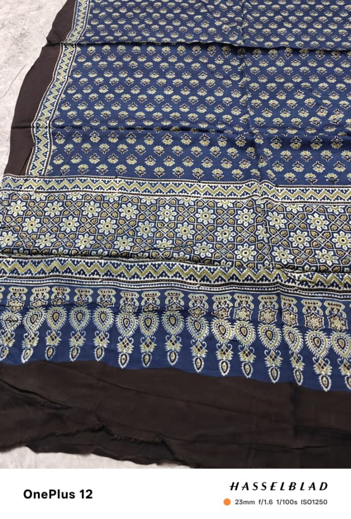 BlueBiege Flower Modal Silk Ajrakh Saree