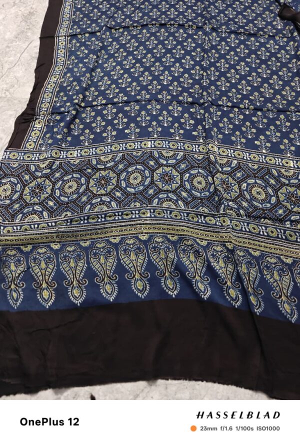 Blue Pattern Pure Modal Silk Ajrakh Saree – Handcrafted with Natural Dyes