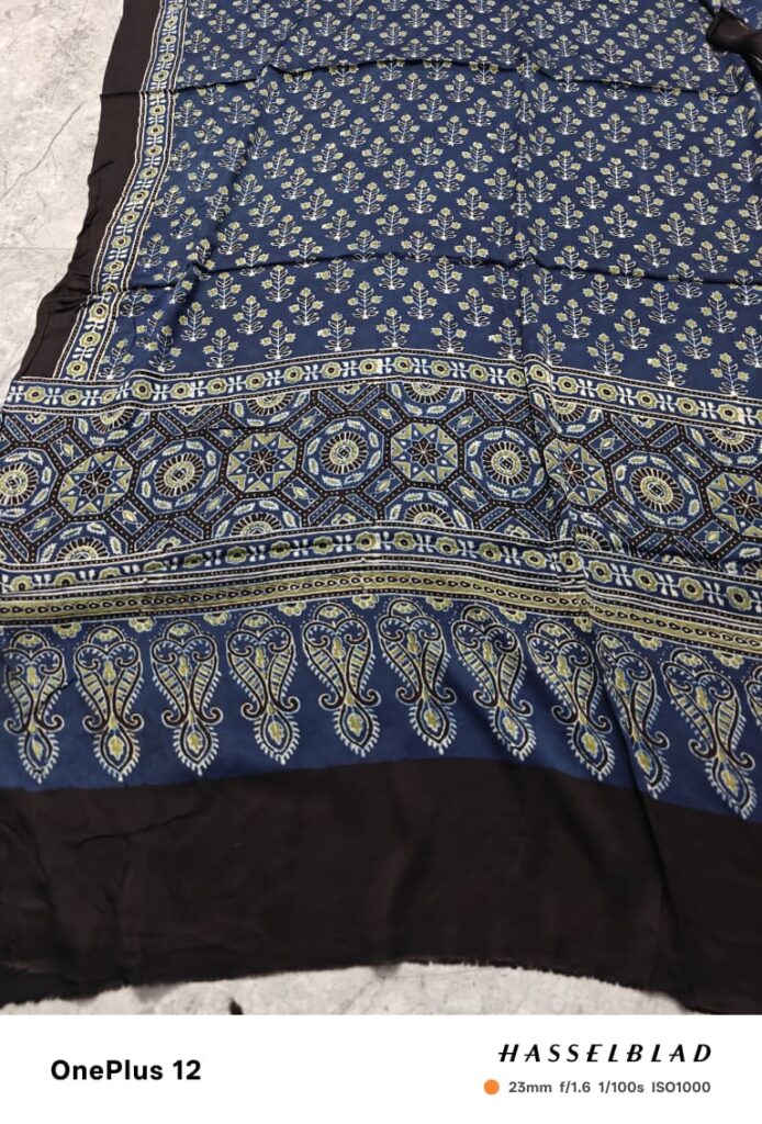 Blue-Dusky Modal Silk Ajrakh Saree