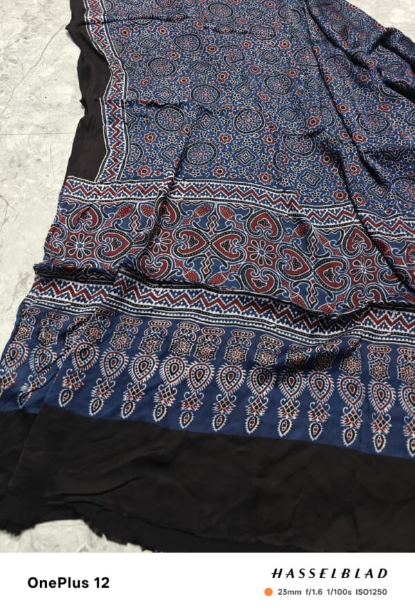 WhatsApp Image 2025-09-15 at 21.12.55 (2) Dark Blue Pattern Pure Modal Silk Ajrakh Saree – Handcrafted with Natural Dyes