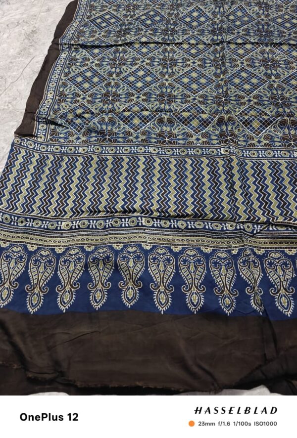 Balck Biege Pattern Pure Modal Silk Ajrakh Saree – Handcrafted with Natural Dyes