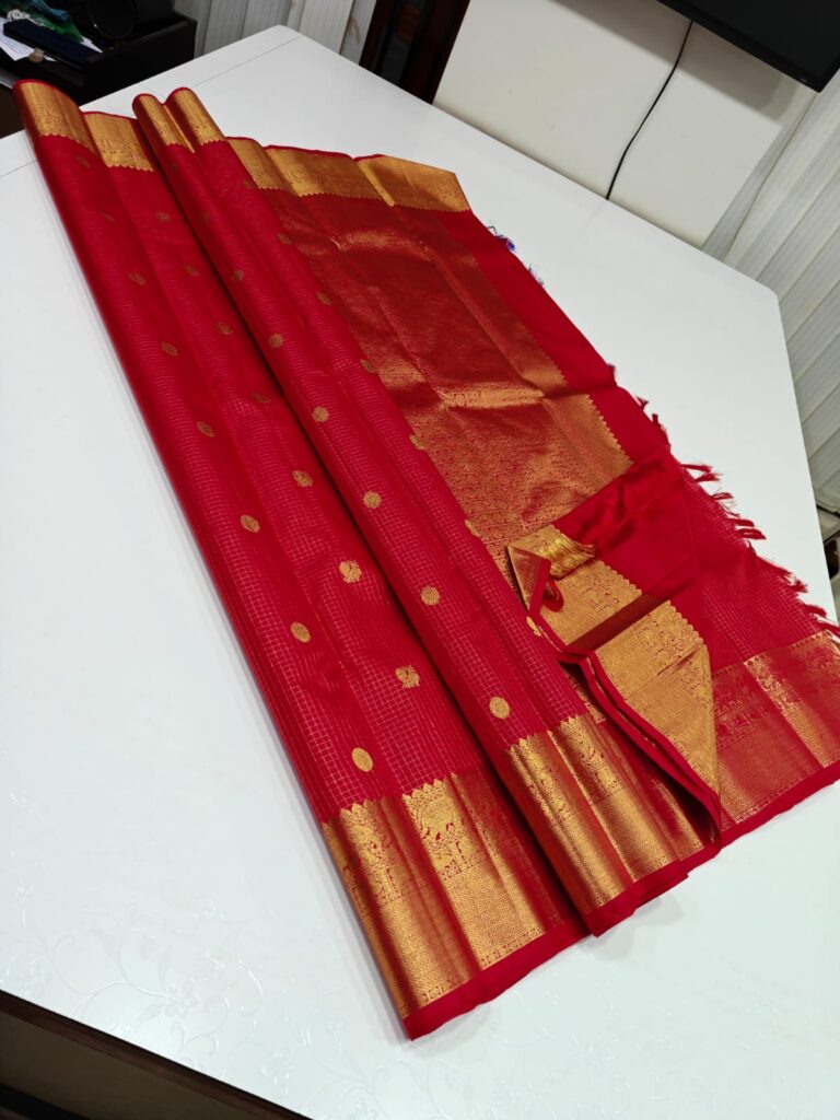 Pure Red Kanchipuram Silk Bridal Saree – Handwoven with 2G Pure Zari