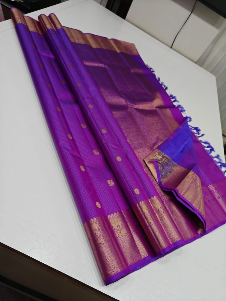 Pure Violet Kanchipuram Silk Bridal Saree – Handwoven with 2G Pure Zari