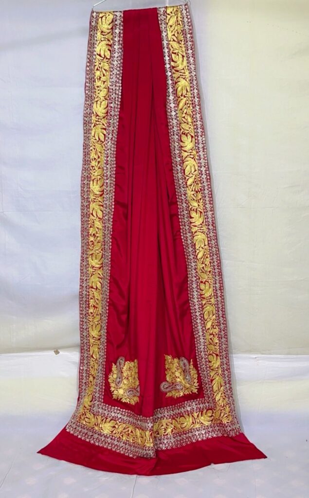 Handwoven Crepe Dark Red Saree with Kashmiri Tilla Work