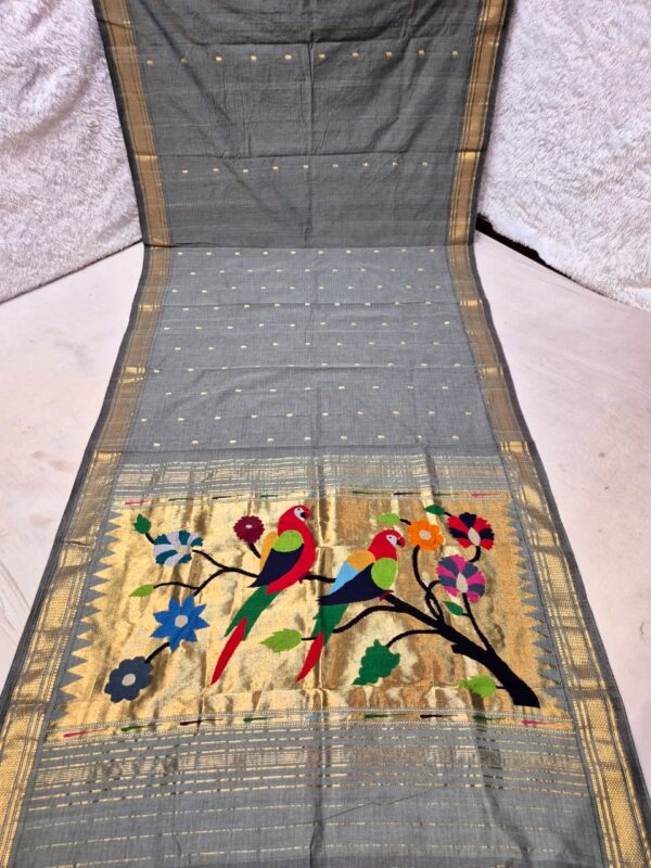 Cotton Grey Paithani Saree with Woven Peacock Motifs
