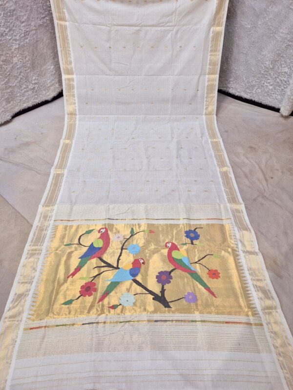 Cotton White-Biege Paithani Saree with Woven Peacock Motifs