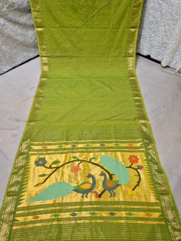 Cotton Light Green Paithani Saree with Woven Peacock Motifs